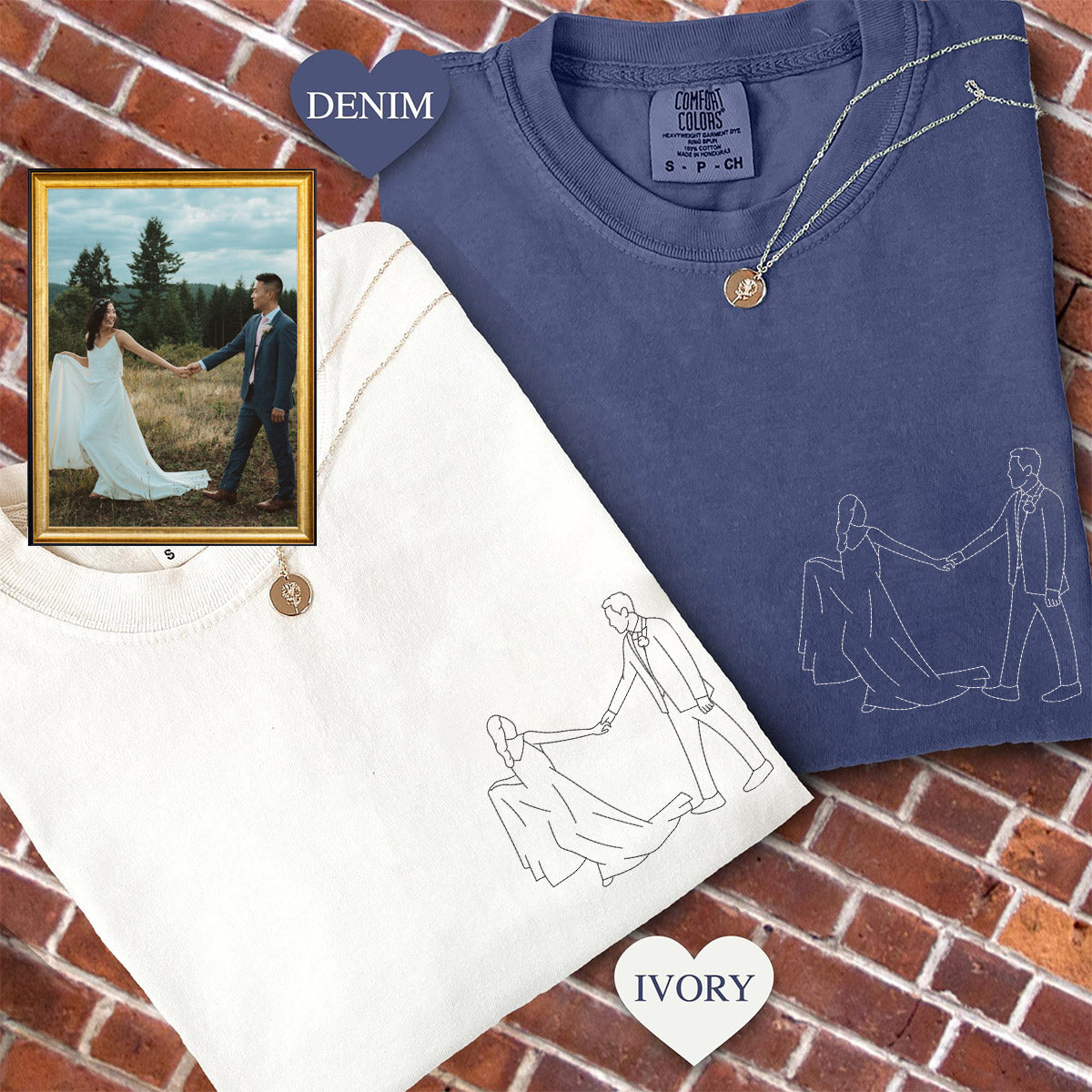 Custom Embroidered Line Art Photo Matching T-shirts for Couples