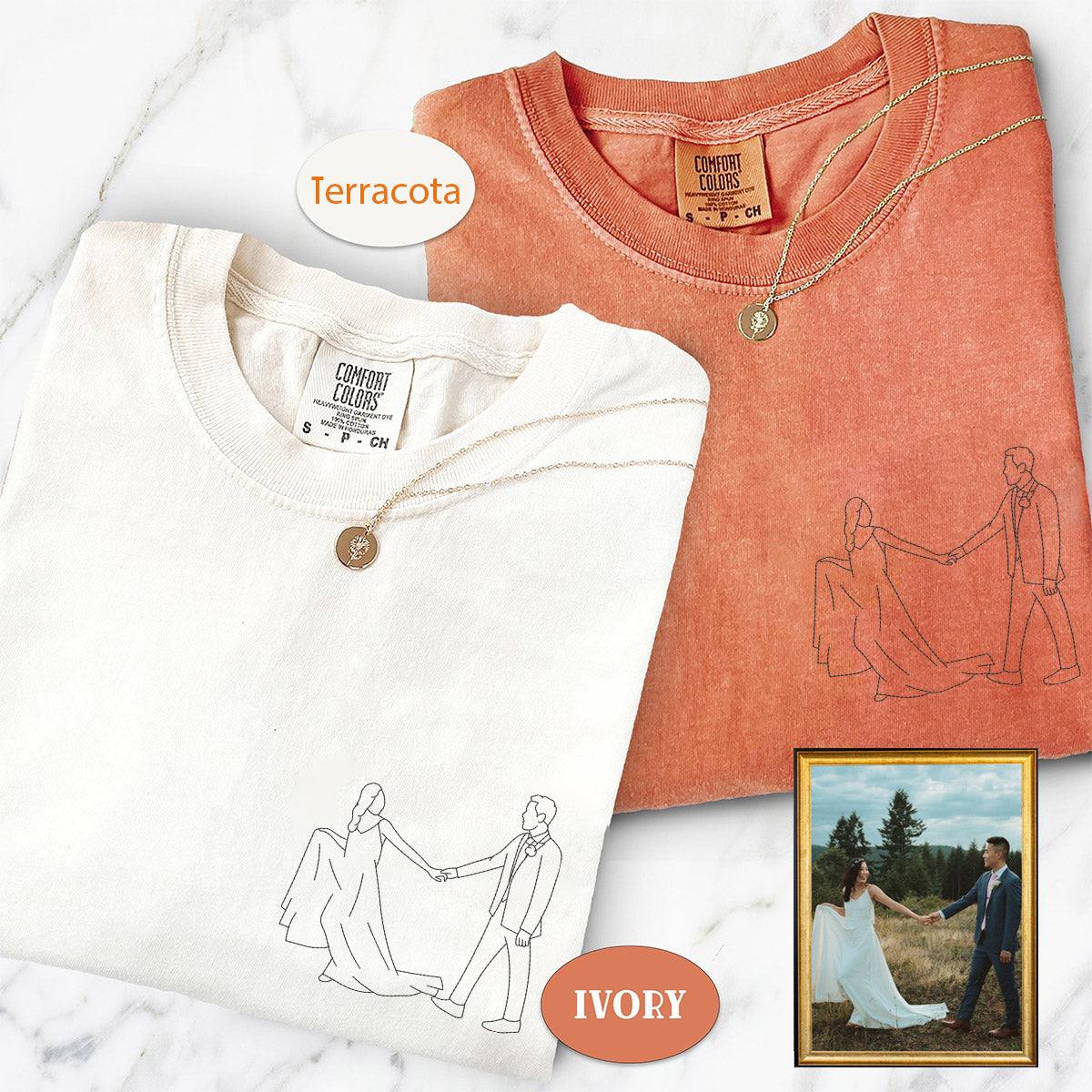 Individuell bestickte Line Art Foto-T-Shirts für Paare