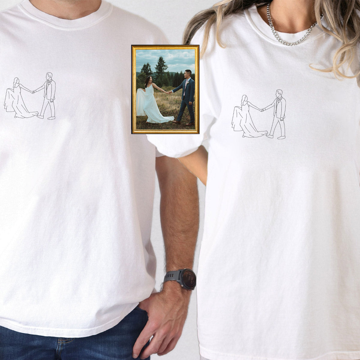 Custom Embroidered Line Art Photo Matching T-shirts for Couples