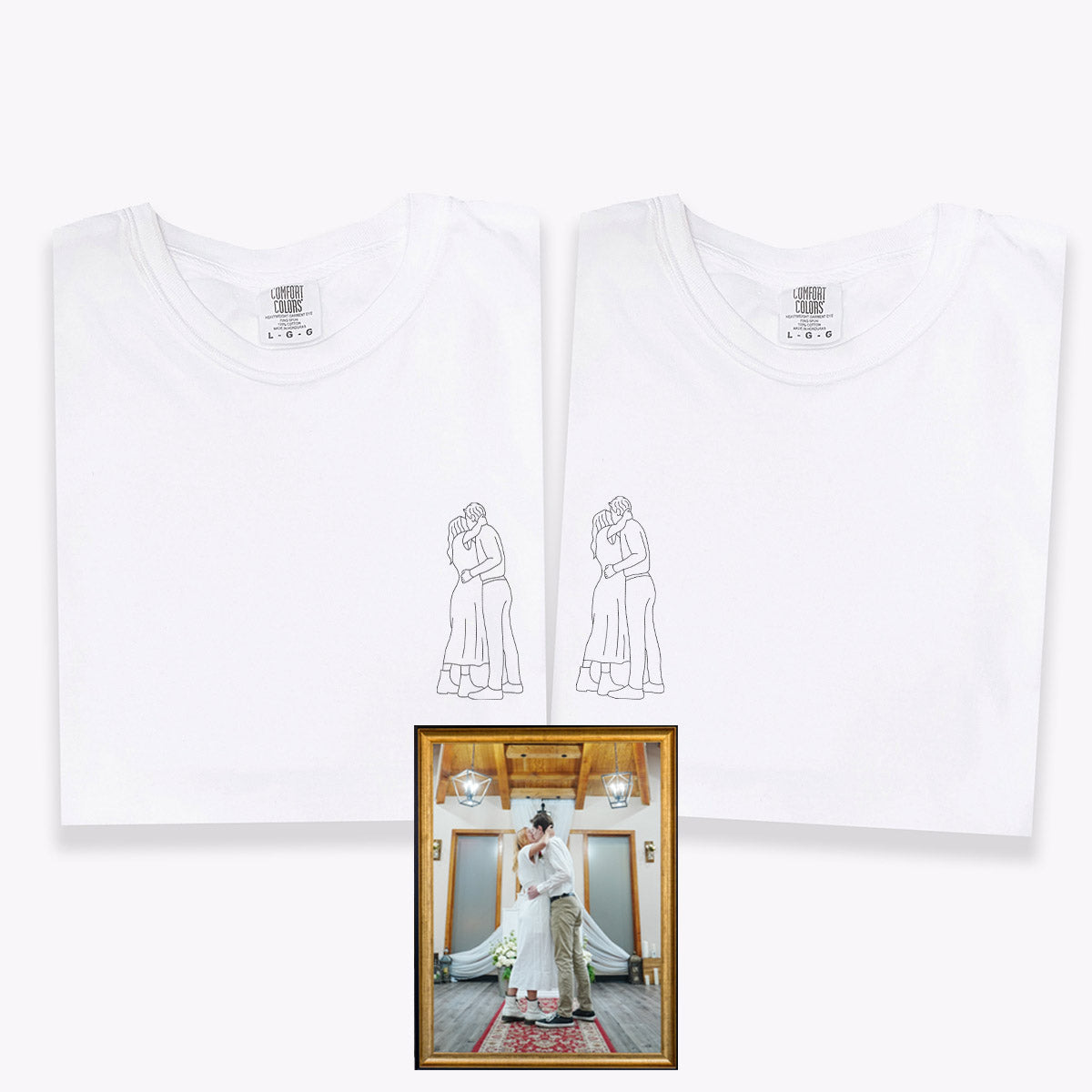 Custom Embroidered Line Art Photo Matching T-shirts for Couples