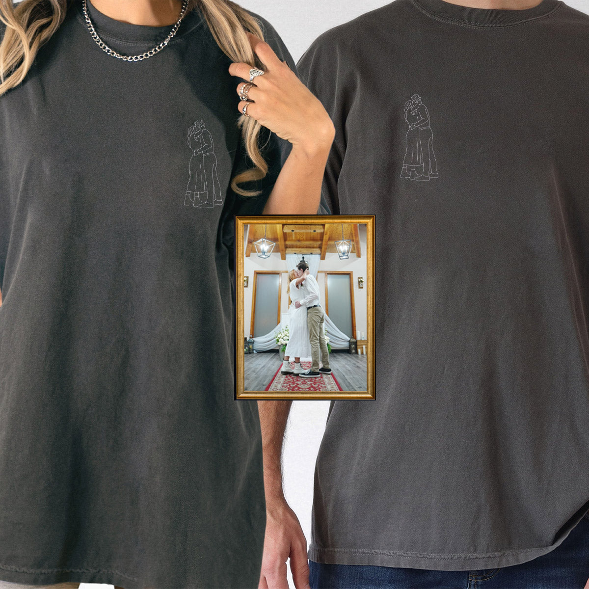 Custom Embroidered Line Art Photo Matching T-shirts for Couples