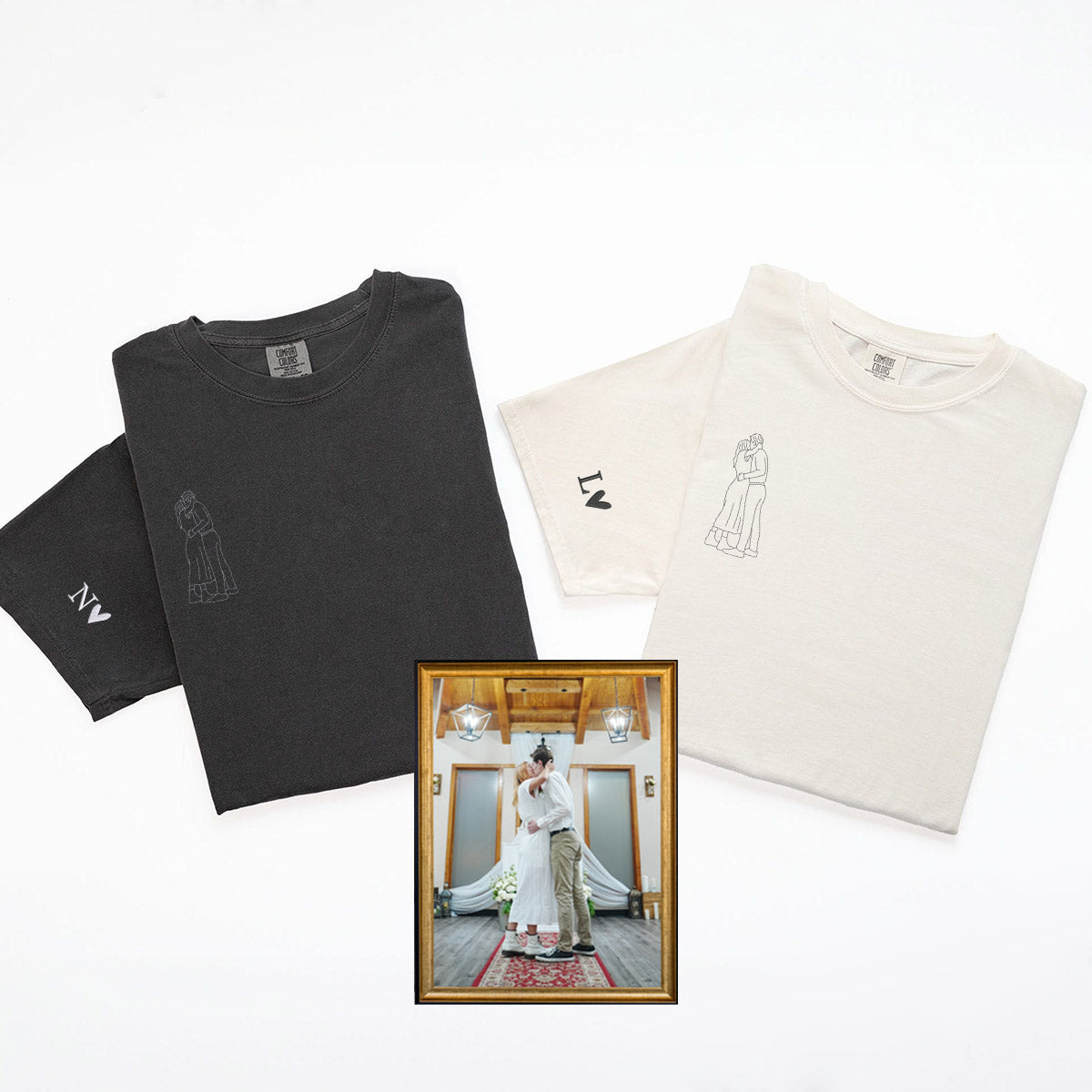 Individuell bestickte Line Art Foto-T-Shirts für Paare