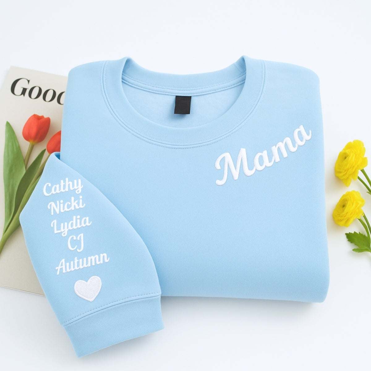 Mama Custom Hoodies - Neckline Embroidered Sweatshirts with Child Name & Heart - Perfect Mother's Day Gift