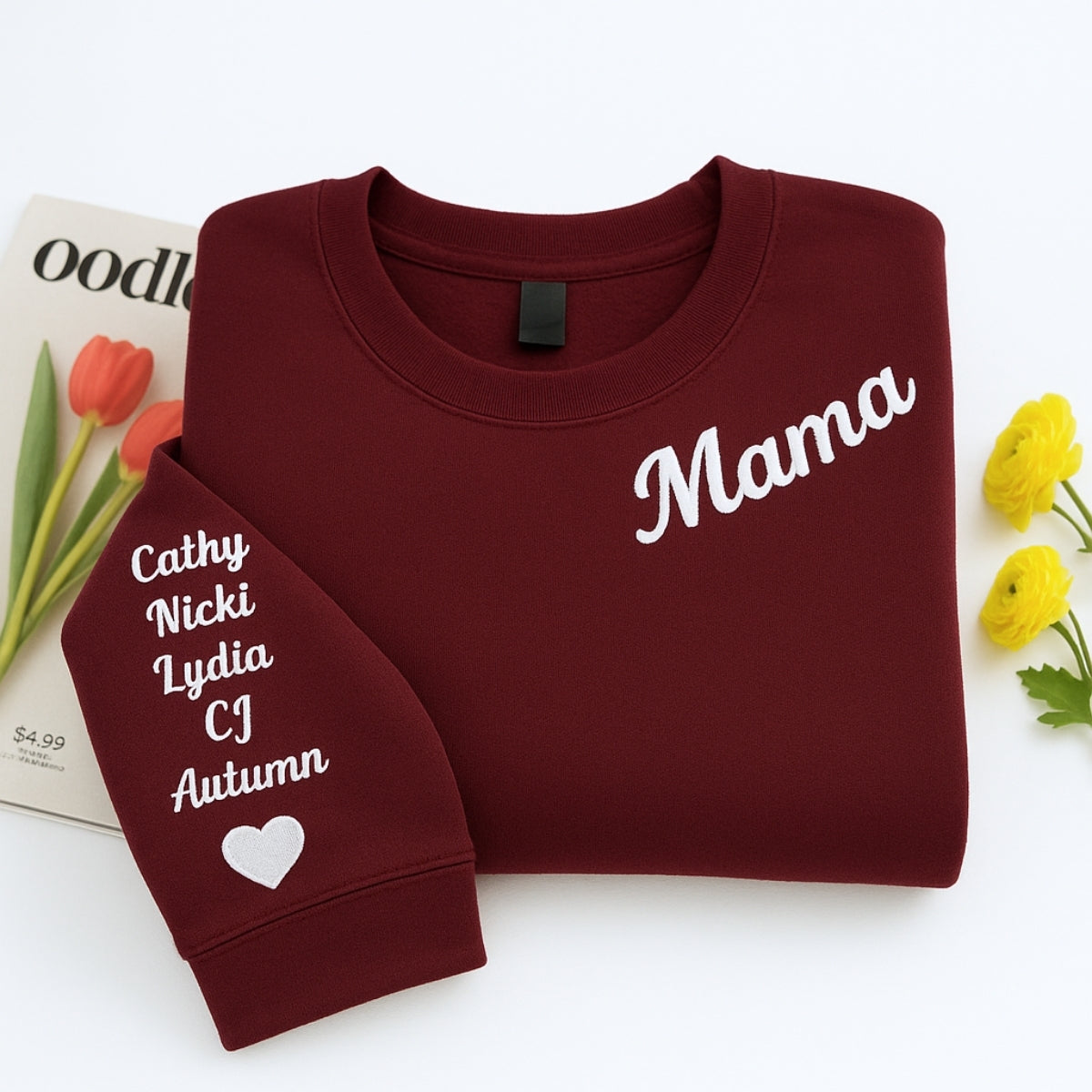 Mama Custom Hoodies - Neckline Embroidered Sweatshirts with Child Name & Heart - Perfect Mother's Day Gift
