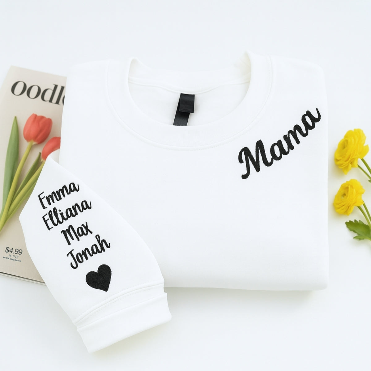 Mama Custom Hoodies - Neckline Embroidered Sweatshirts with Child Name & Heart - Perfect Mother's Day Gift