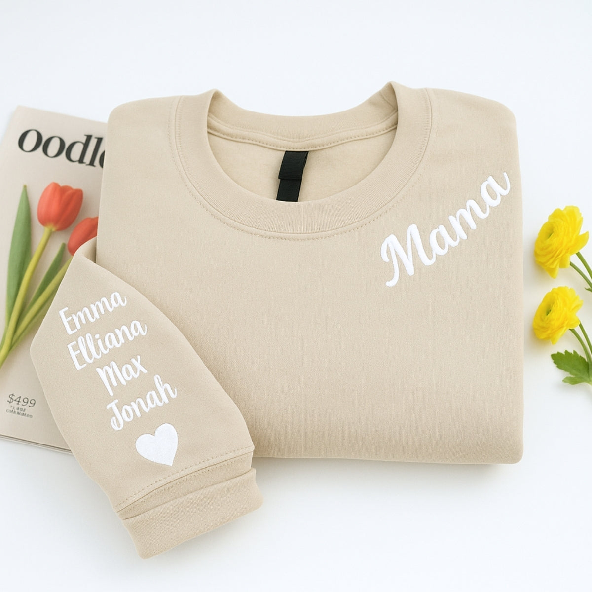 Mama Custom Hoodies - Neckline Embroidered Sweatshirts with Child Name & Heart - Perfect Mother's Day Gift