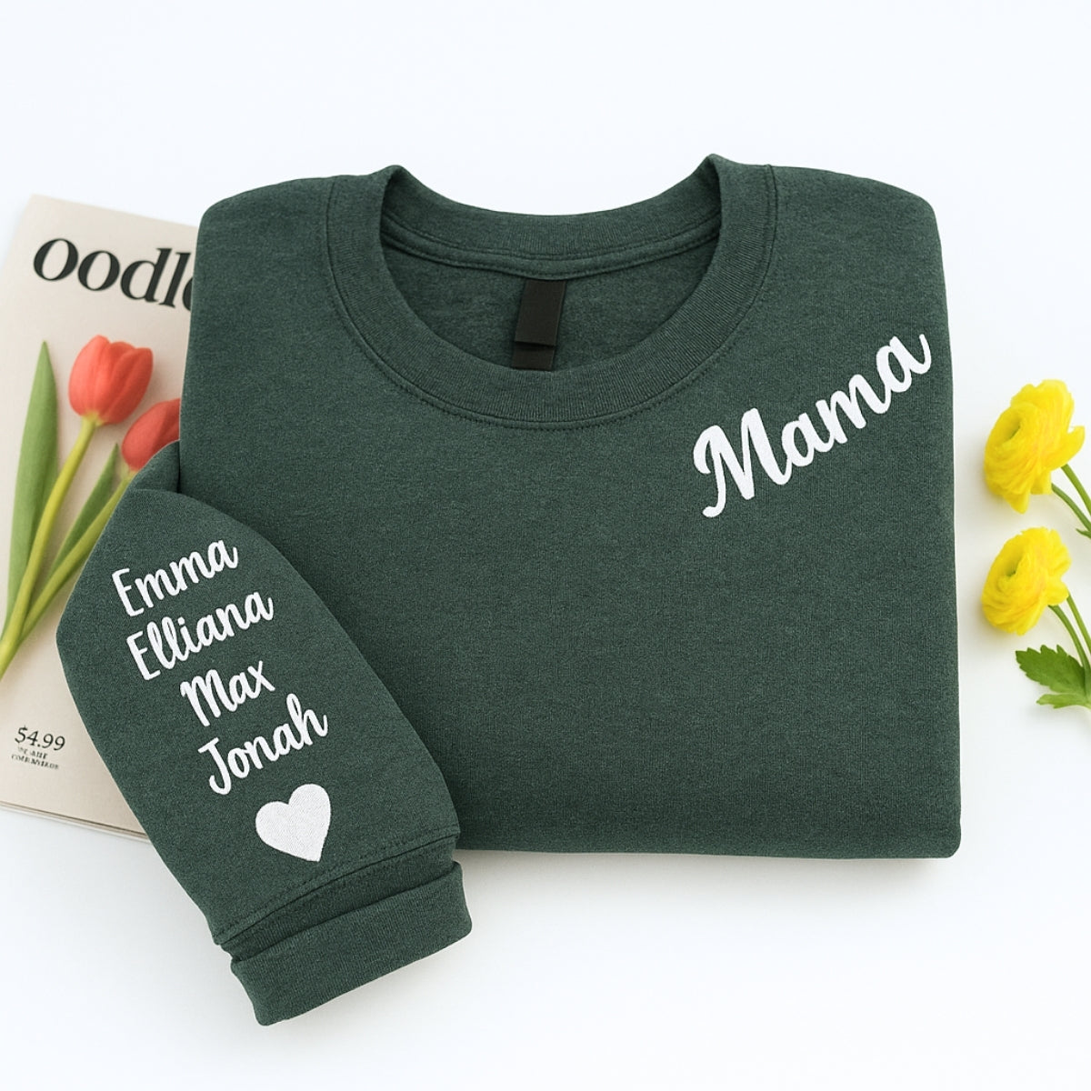 Mama Custom Hoodies - Neckline Embroidered Sweatshirts with Child Name & Heart - Perfect Mother's Day Gift