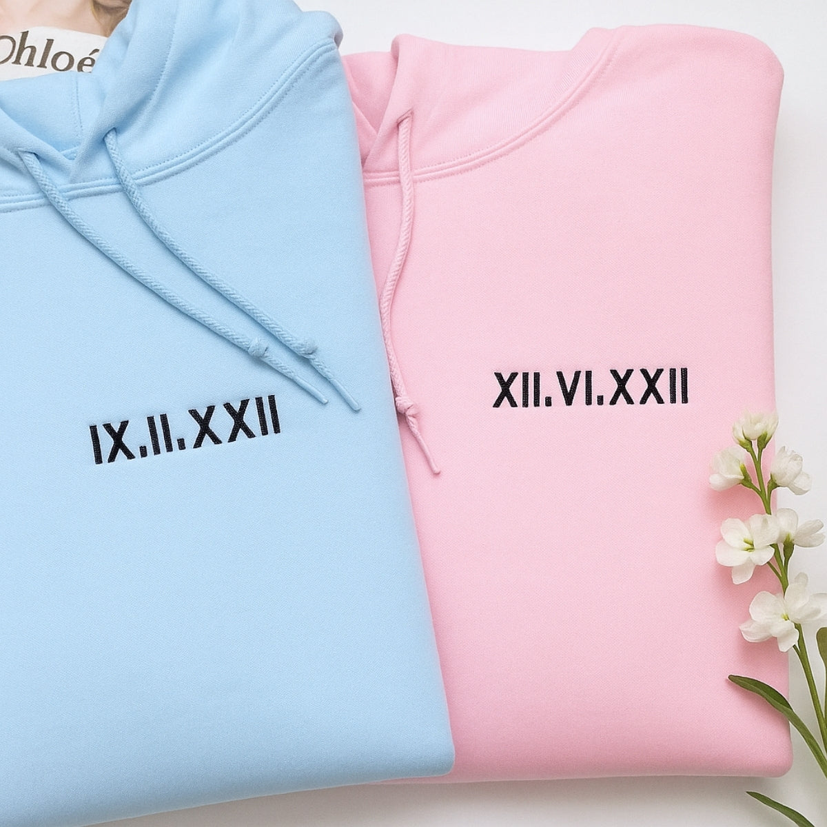 Matching Couple Hoodies - Custom Roman Numeral Date Embroidered Sweatshirts - His Hers Gift