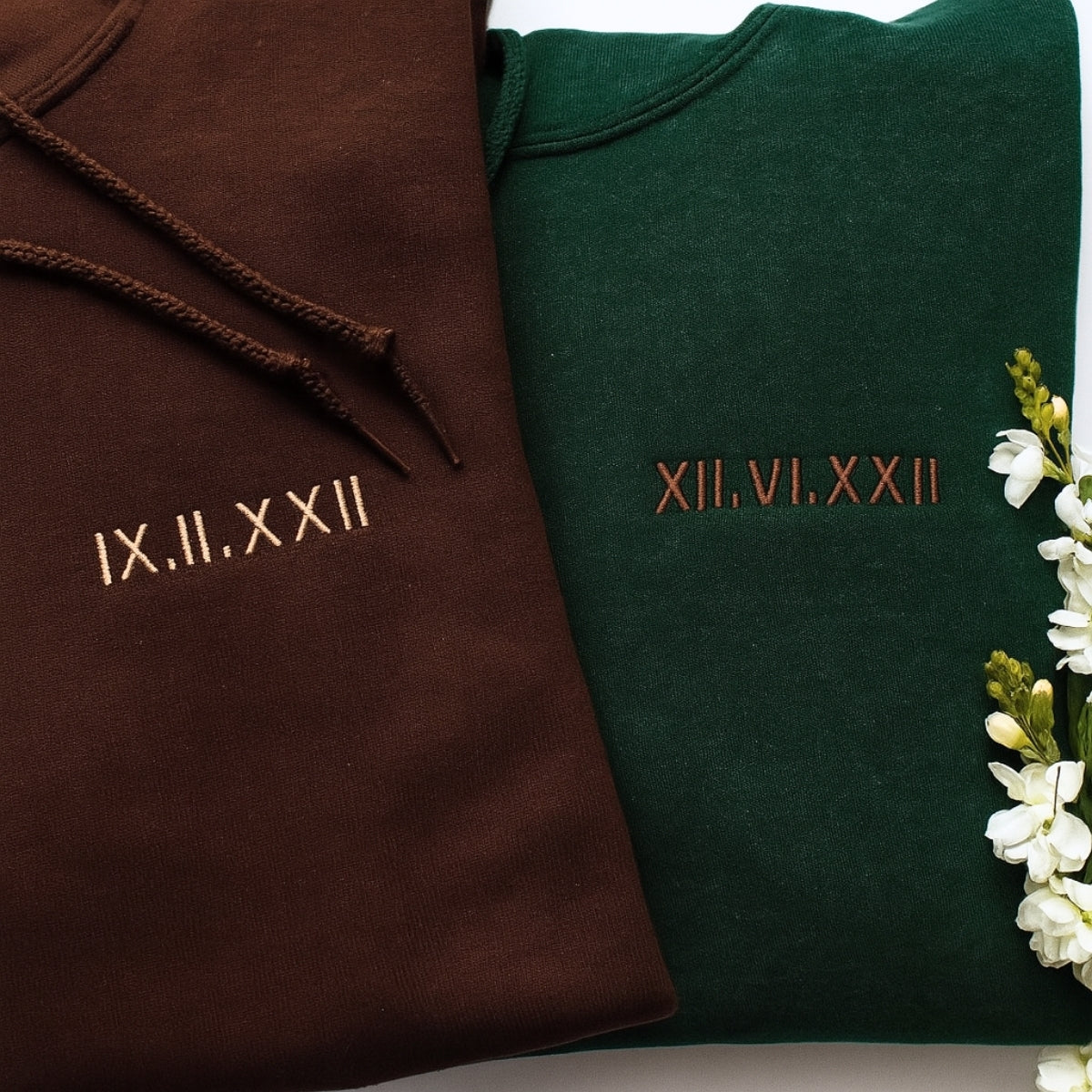 Matching Couple Hoodies - Custom Roman Numeral Date Embroidered Sweatshirts - His Hers Gift