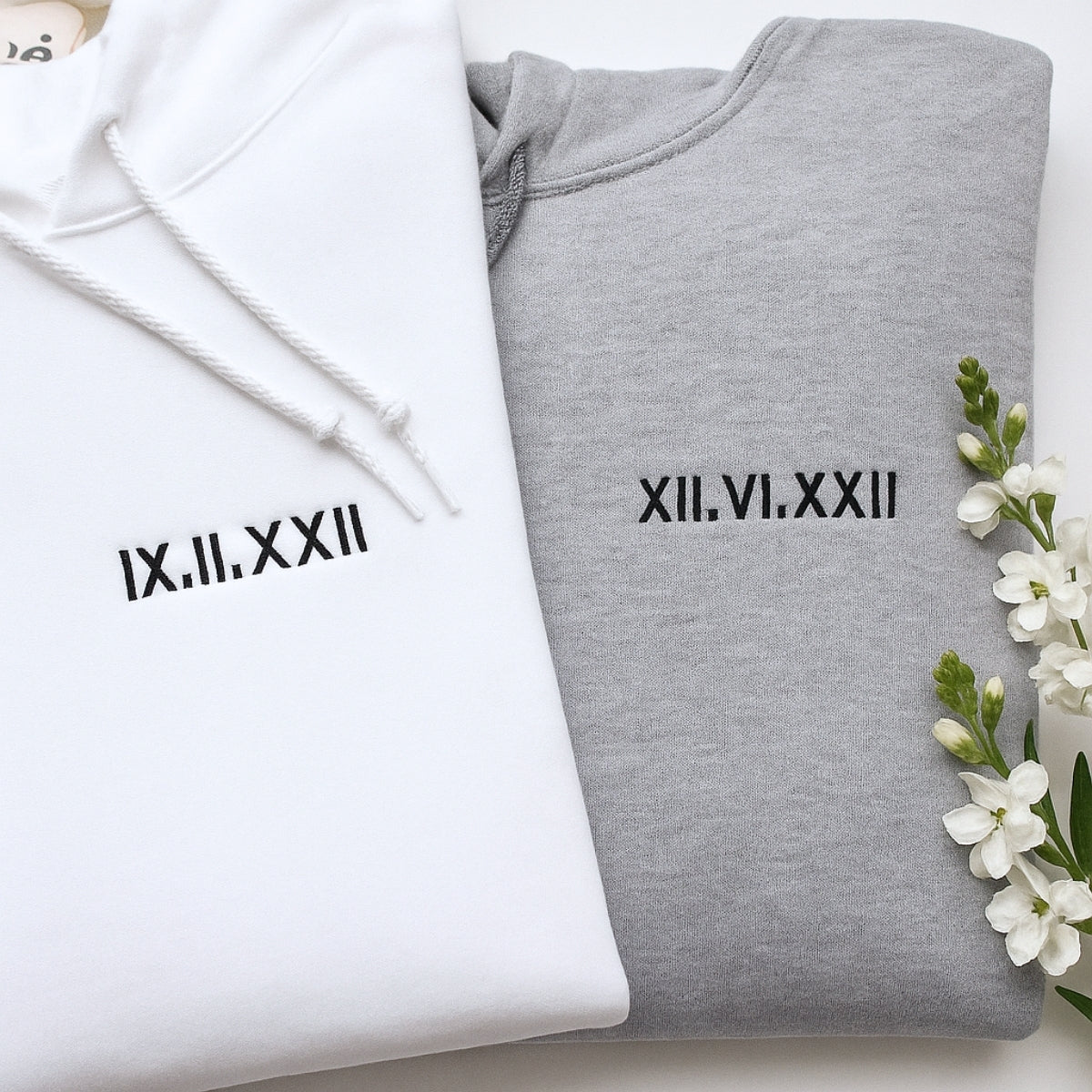 Matching Couple Hoodies - Custom Roman Numeral Date Embroidered Sweatshirts - His Hers Gift