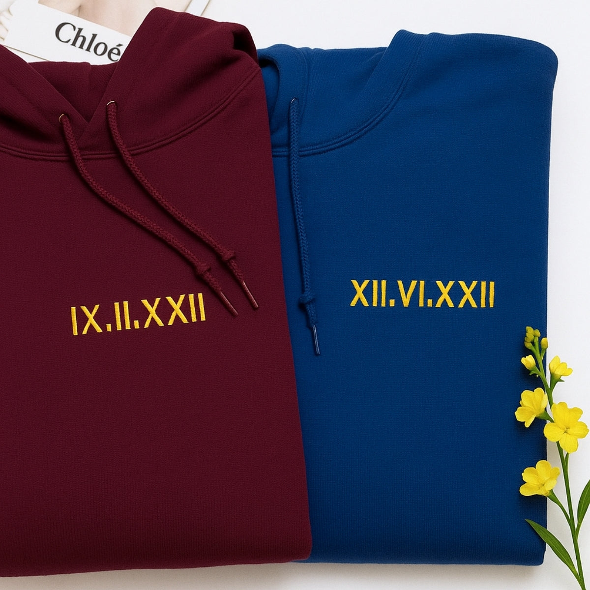 Matching Couple Hoodies - Custom Roman Numeral Date Embroidered Sweatshirts - His Hers Gift