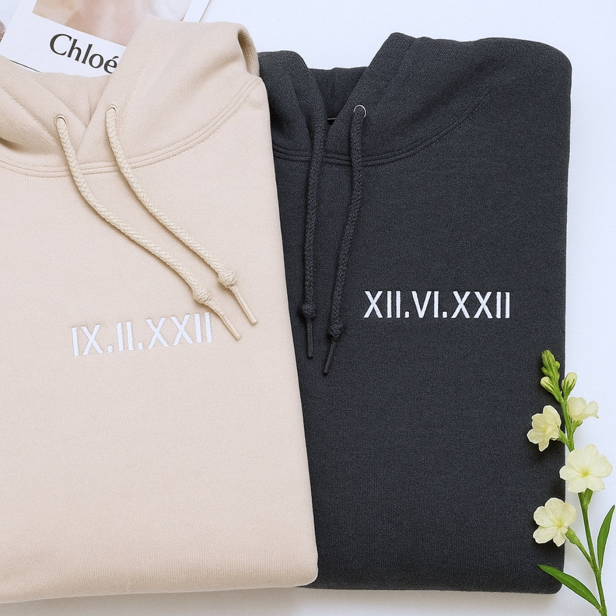 Matching Couple Hoodies - Custom Roman Numeral Date Embroidered Sweatshirts - His Hers Gift