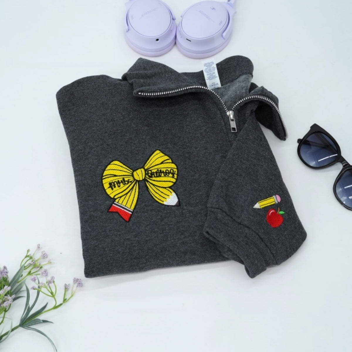 Personalized Mrs Teacher Bow Quarter-Zip - Custom Name Embroidered Education Apparel - Perfect Teacher Gift