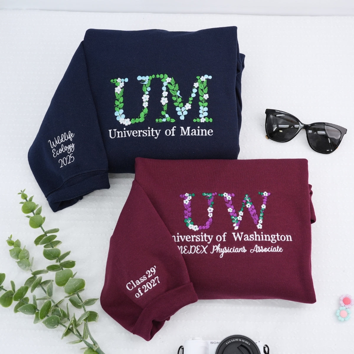 Personalized University Sweatshirts - Custom College Floral Embroidery - Premium School Apparel Design