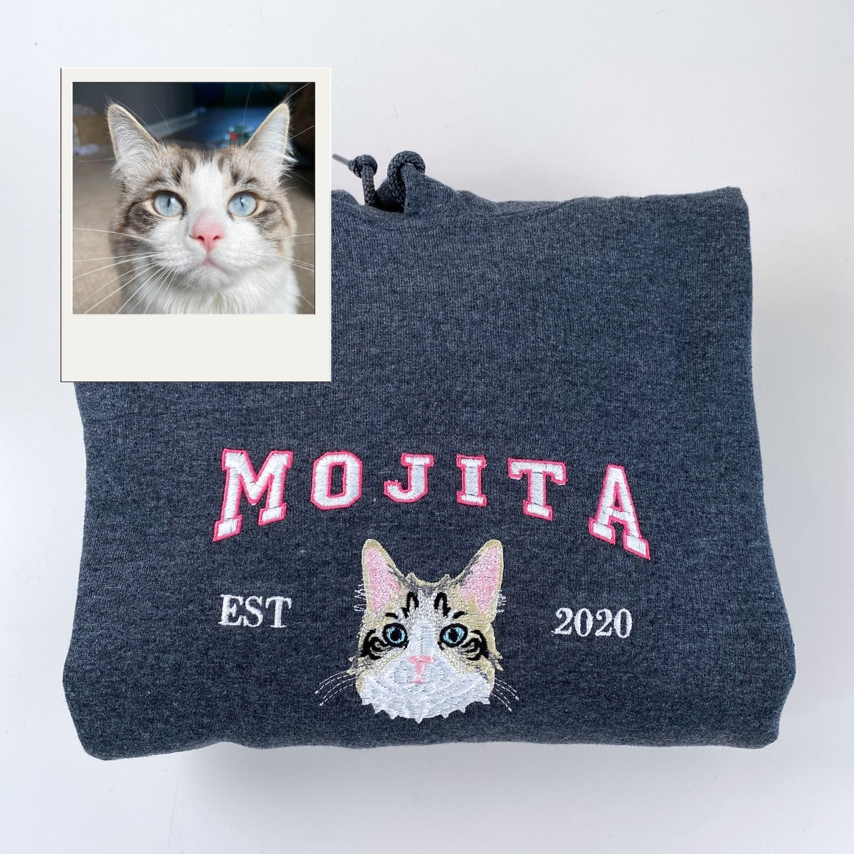 Pet Portrait Varsity Hoodies - Custom Cat Face Embroidery with Name - Collegiate Cat Lover Apparel