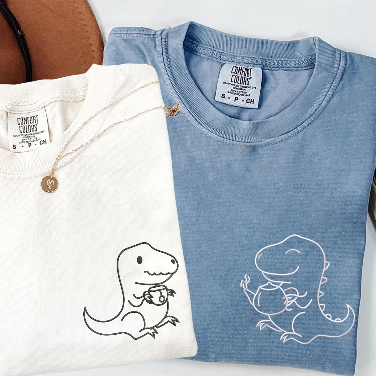 Custom Embroidered Tea Rex Matching T-shirts for Couples