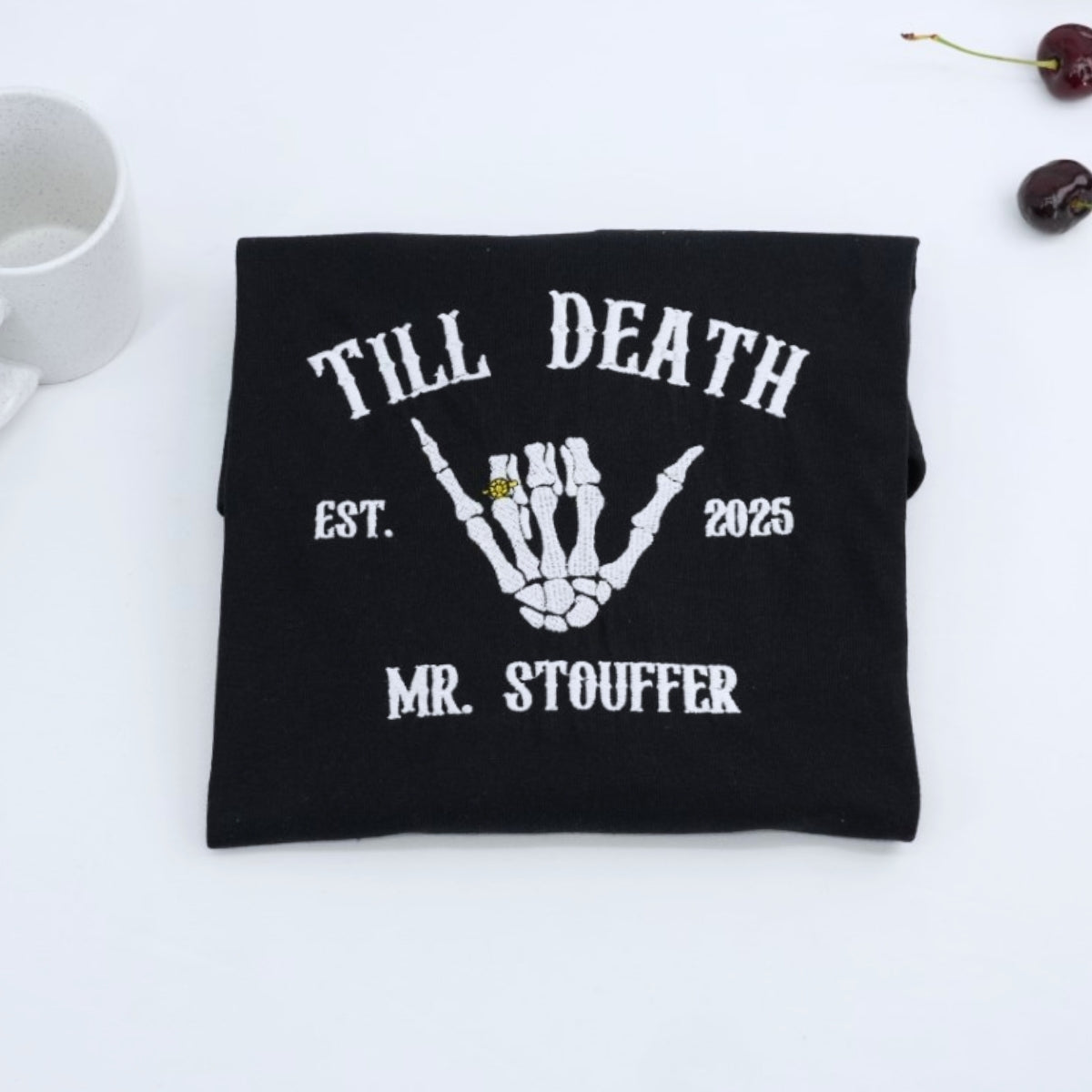 Till Death Custom Couple Hoodies - Mr Mrs Skeleton Hand Embroidered Sweatshirts - Gothic Anniversary Gift