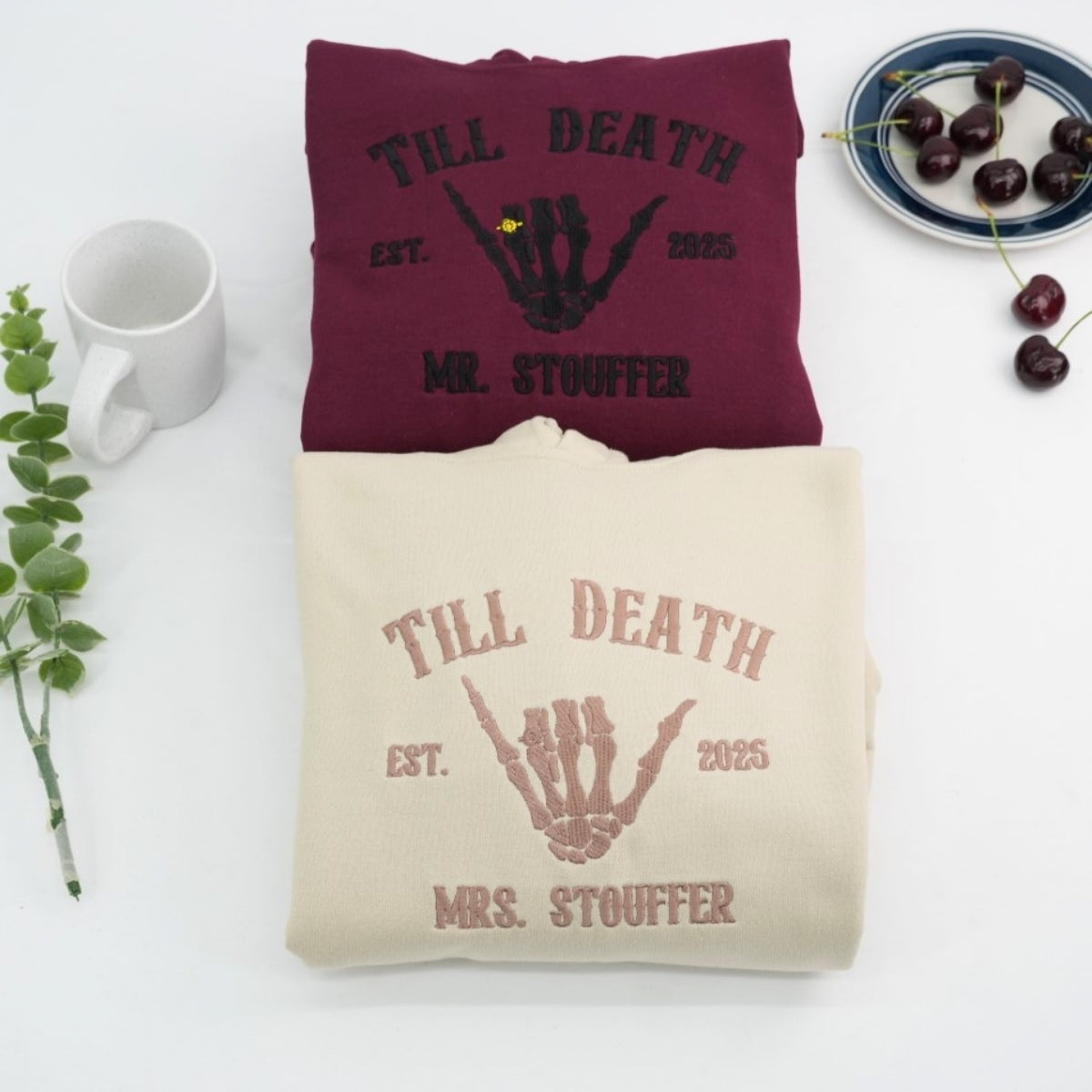 Till Death Wedding Ring Couple Hoodies - Mr Mrs Skeleton Hand Embroidered Sweatshirts - Gothic Marriage Gift