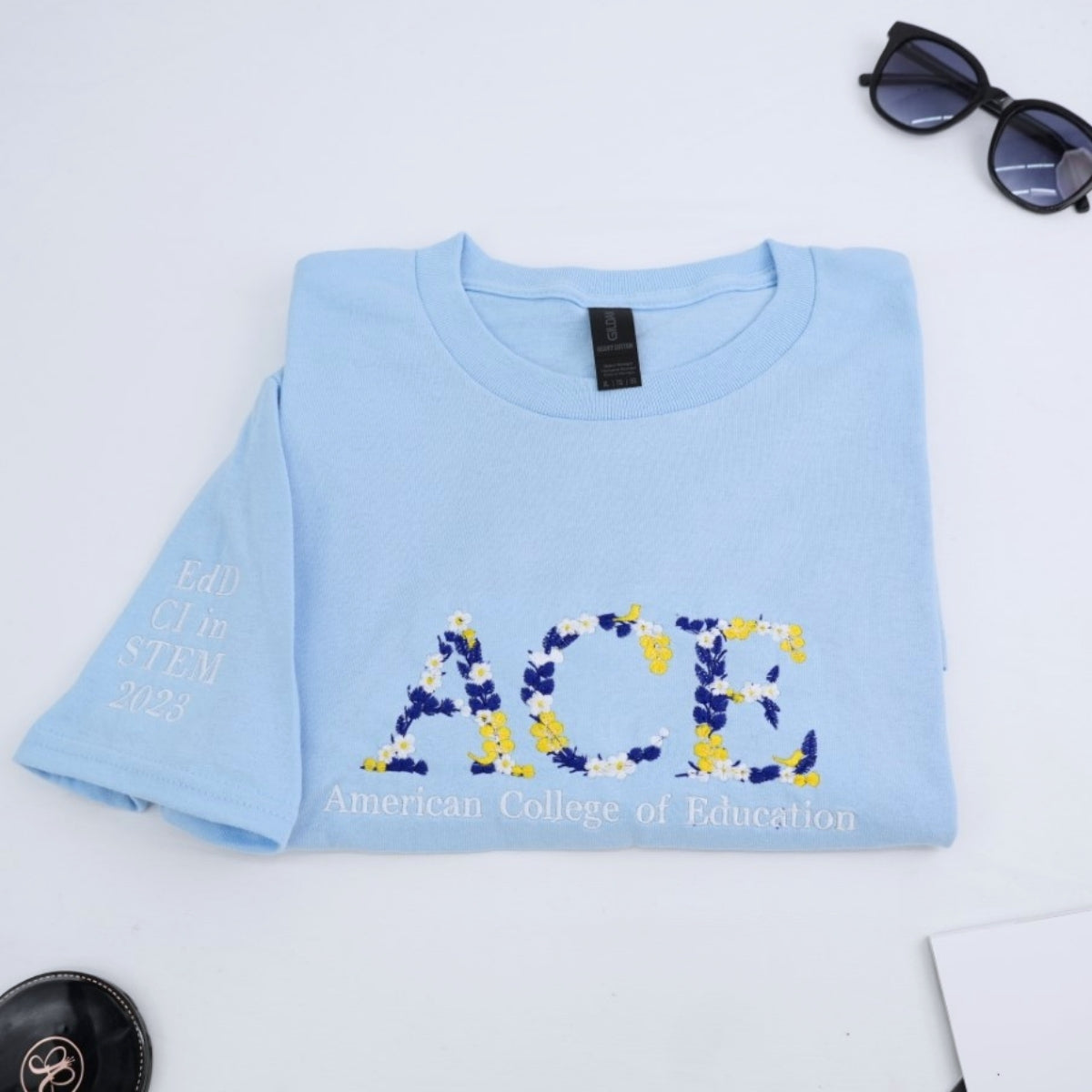 University Custom T-Shirts - Floral Letter Embroidered College Colors - School Spirit Student Gift