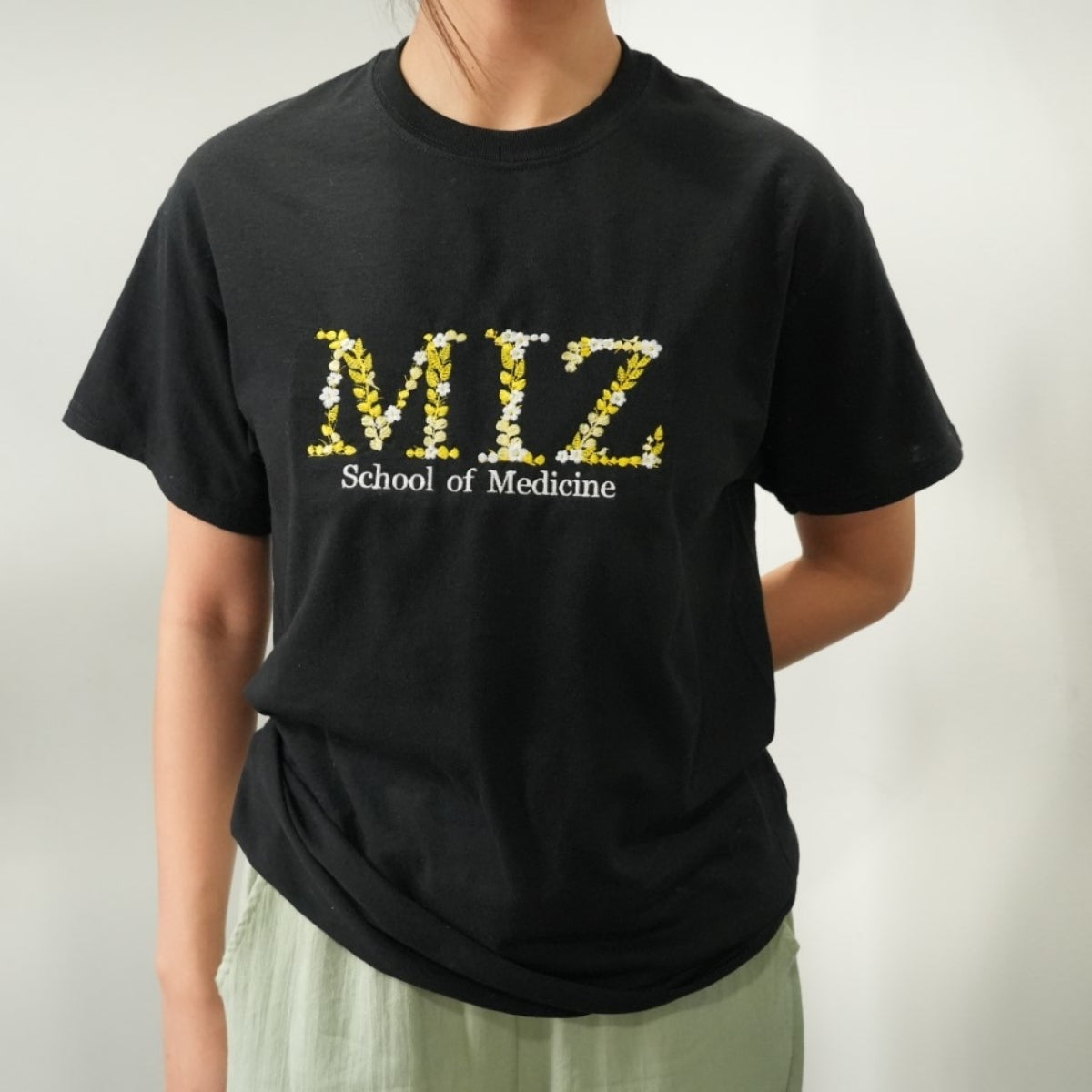 University Custom T-Shirts - Floral Letter Embroidered College Colors - School Spirit Student Gift