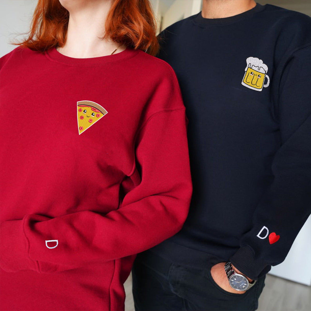 Benutzerdefinierte Pizza und Bier bestickt passende Hoodies