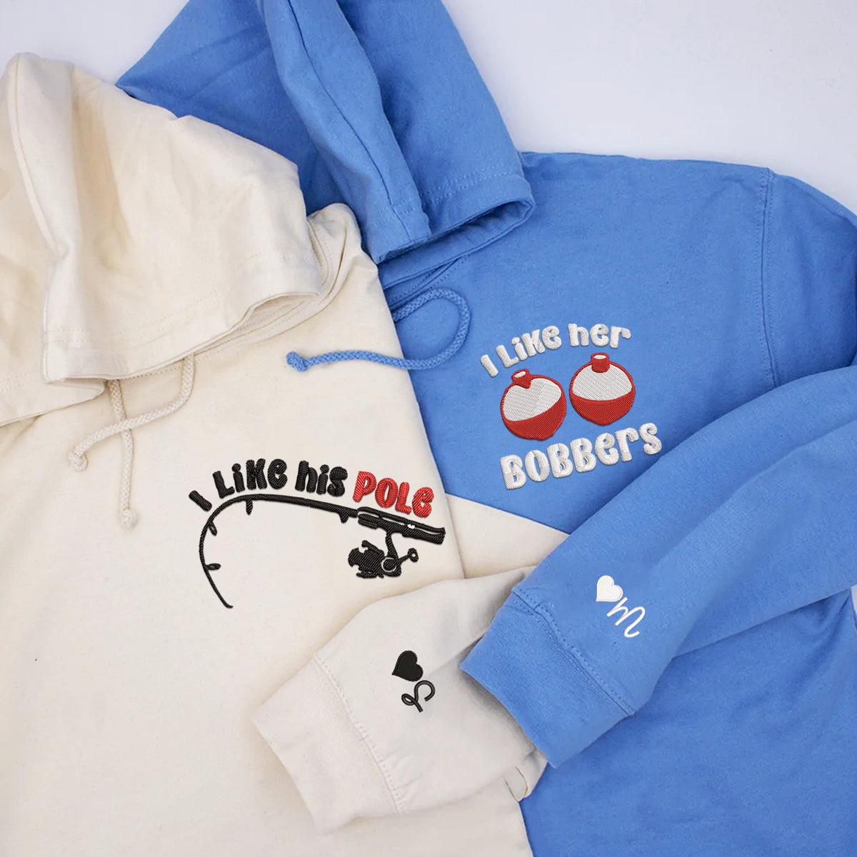 Benutzerdefinierte „I Like Her Bobbers“ passende bestickte Hoodies für Paare