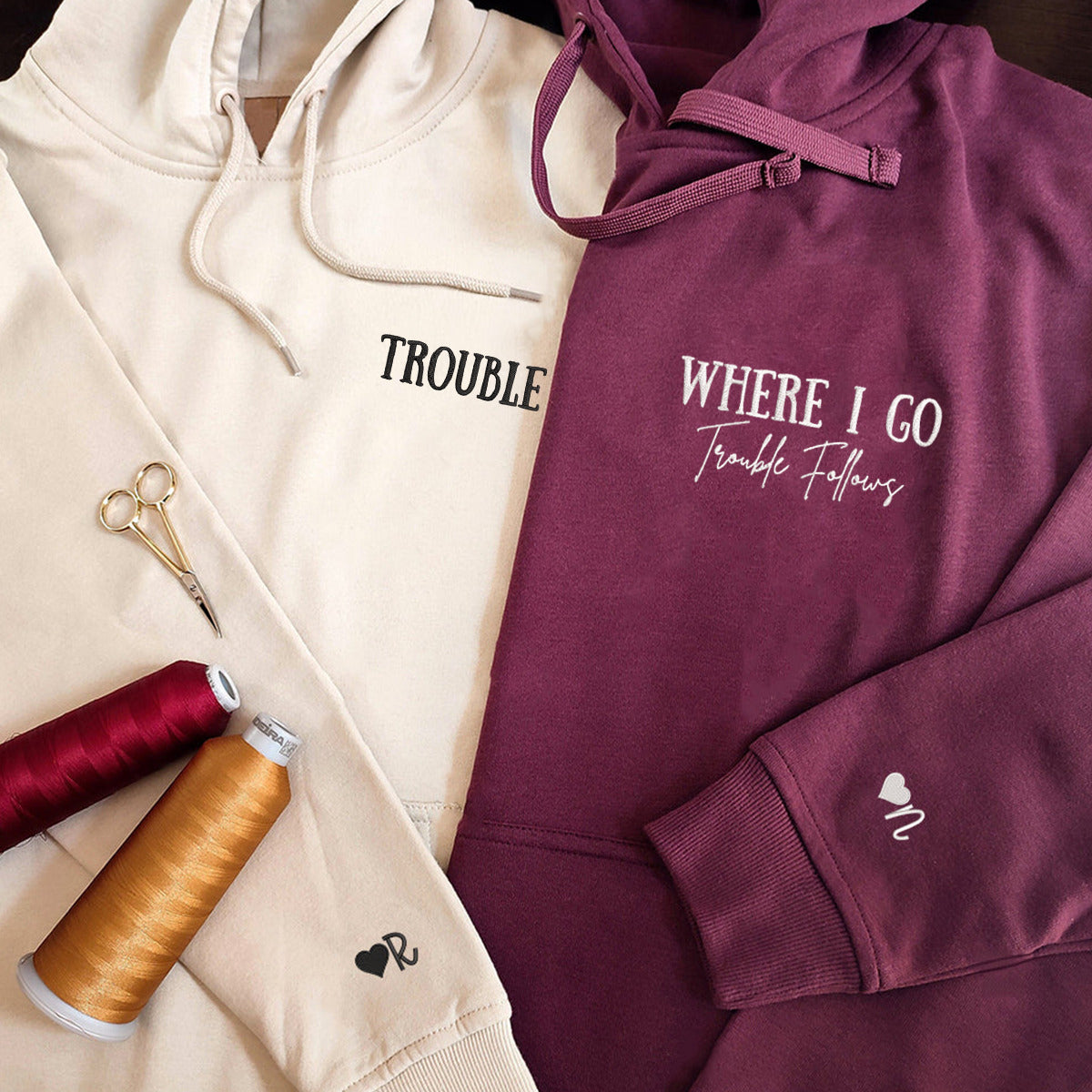 Custom Where I Go Trouble Follows Embroidered Matching Couple Hoodies