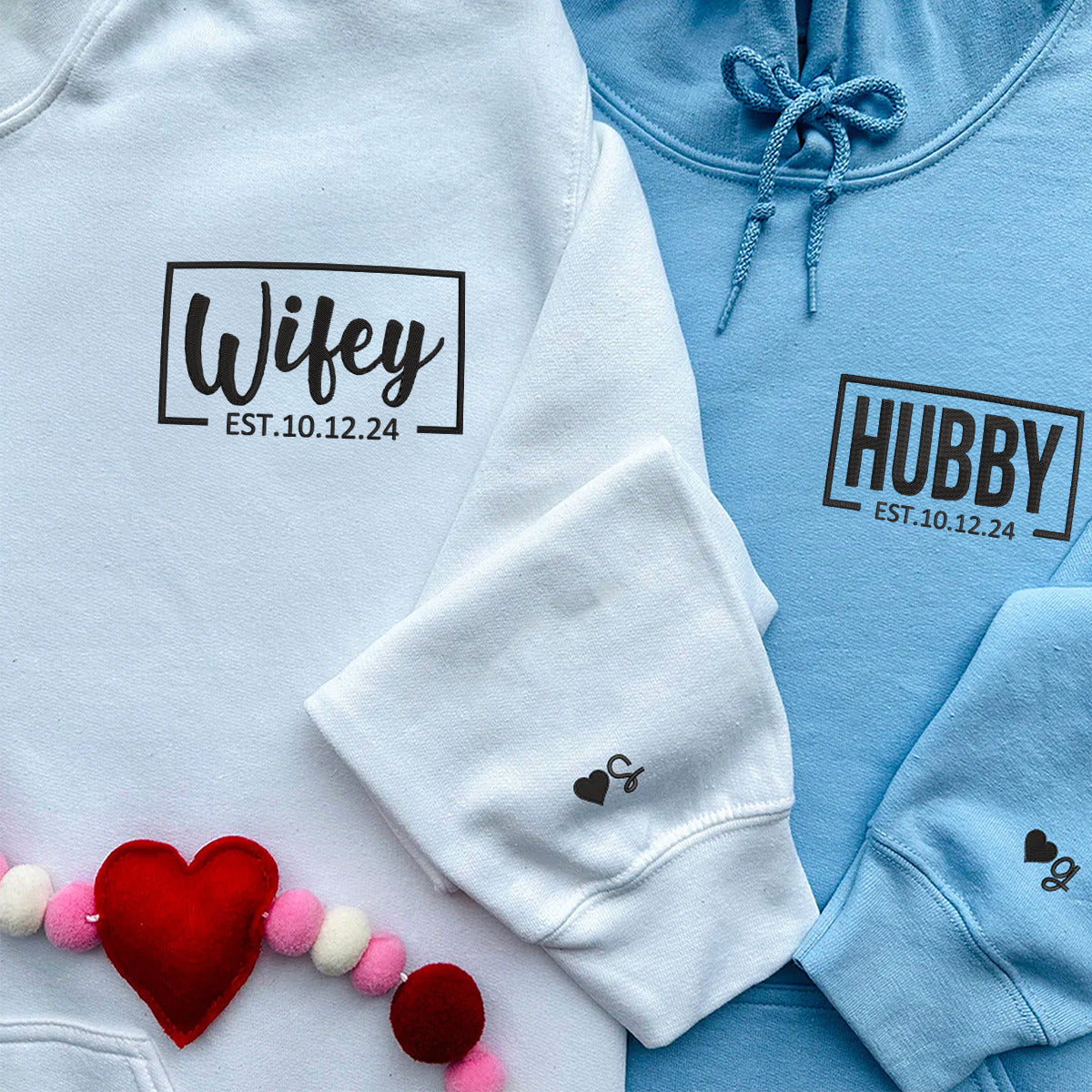 Custom Couple Matching Hubby and Wifey Embroidered Hoodie