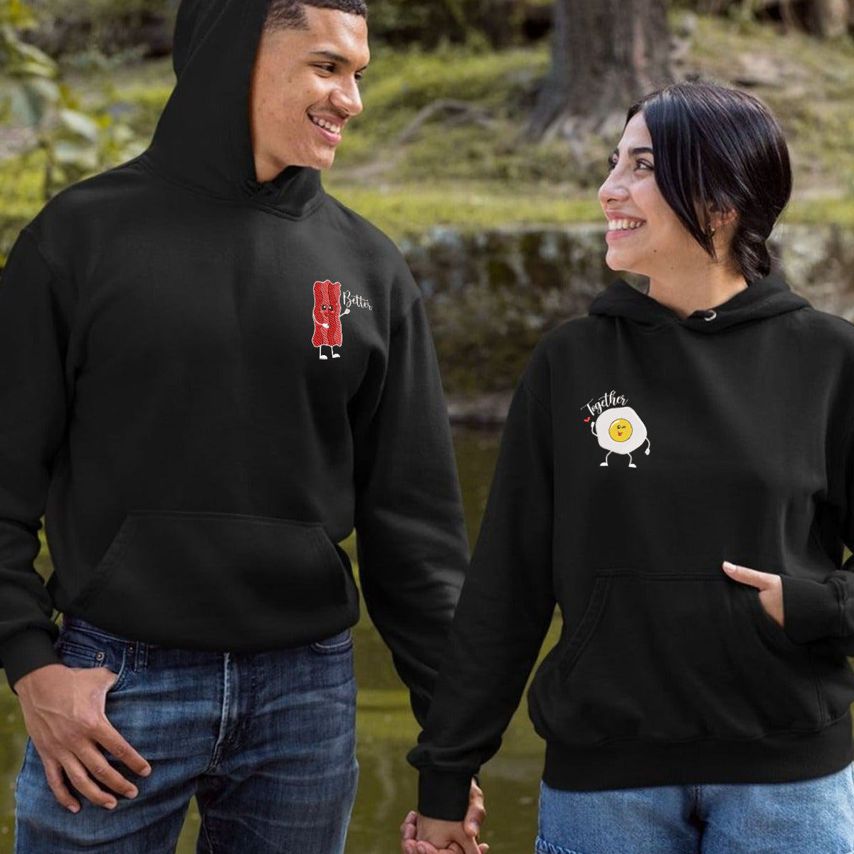 Custom Matching Bacon And Egg Embroidered Hoodie for Couples