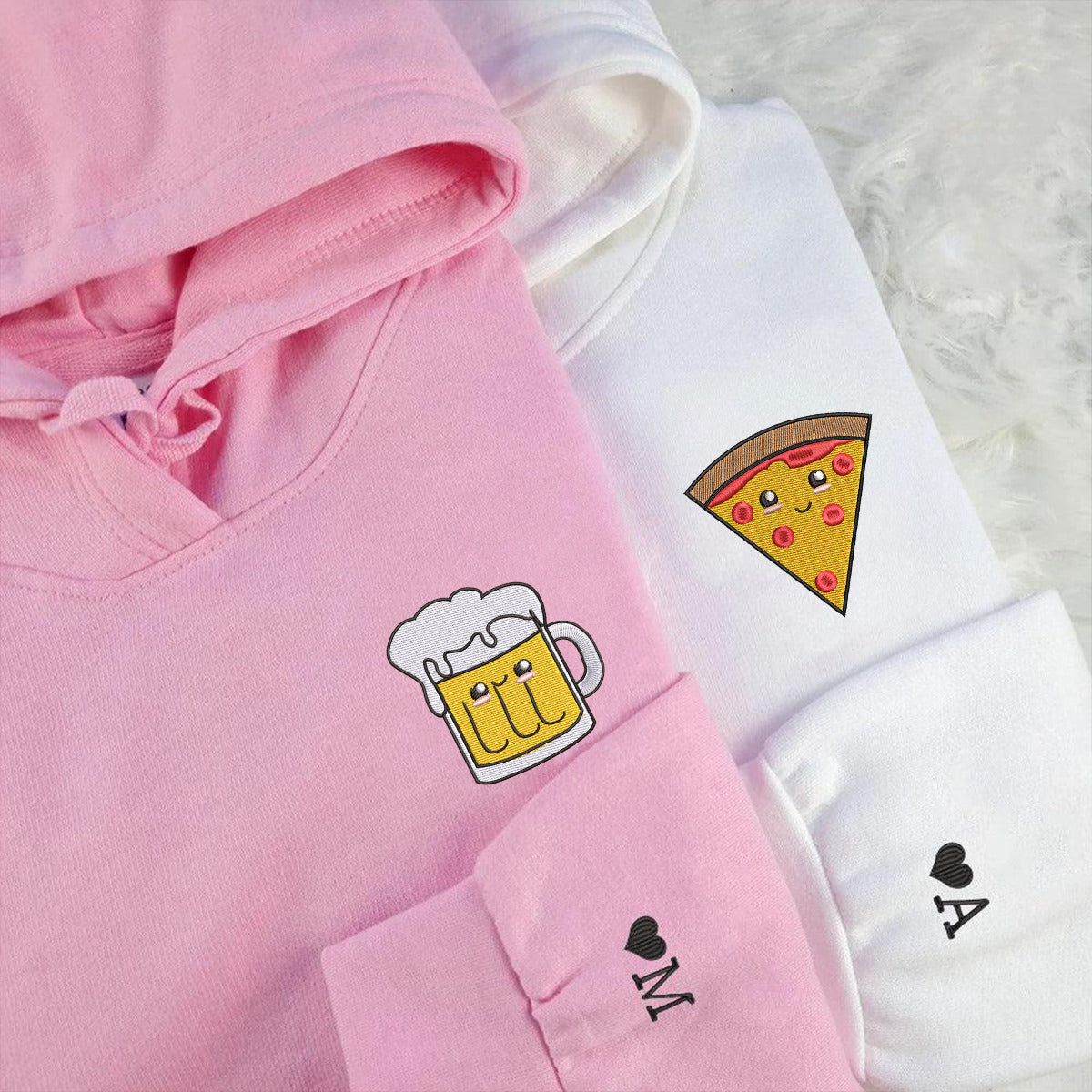 Benutzerdefinierte Pizza und Bier bestickt passende Hoodies