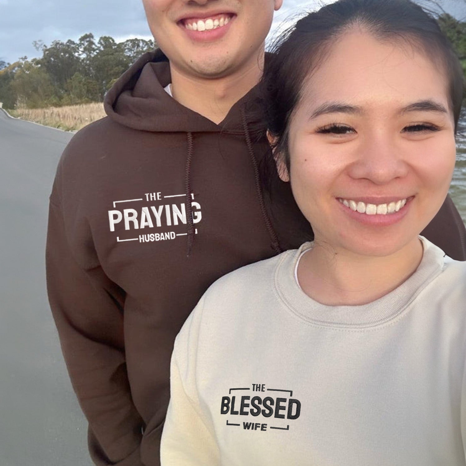 Custom The Praying Husband Embroidered Couples Hoodie Matching