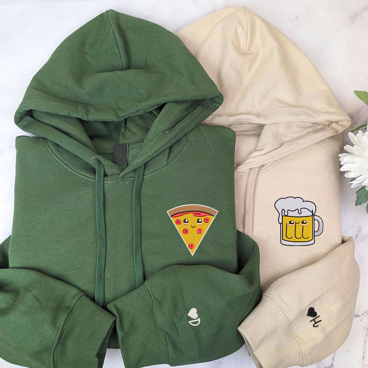 Benutzerdefinierte Pizza und Bier bestickt passende Hoodies