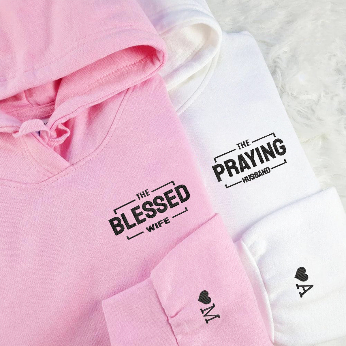 Custom The Praying Husband Embroidered Couples Hoodie Matching