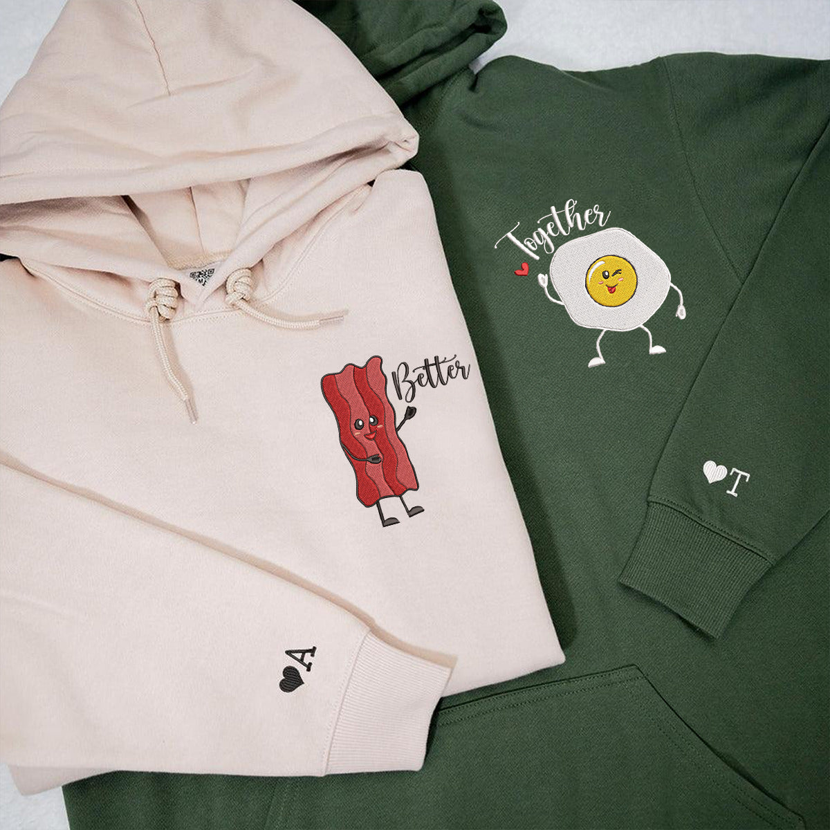 Individuell passender Hoodie mit Speck- und Ei-Stickerei für Paare