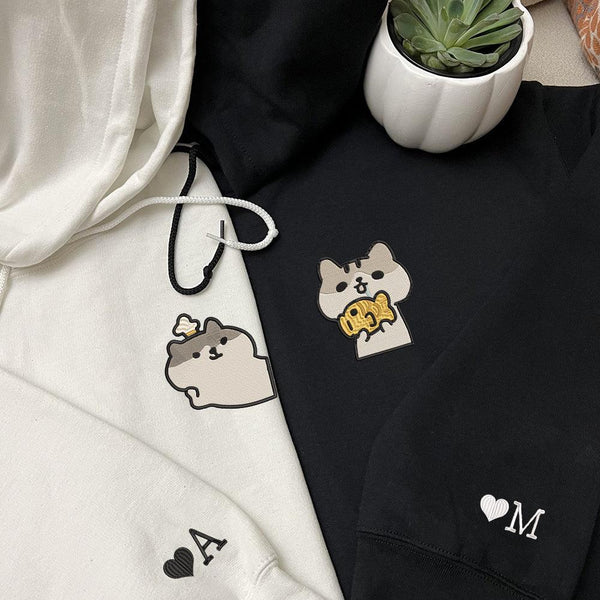 Cute Cat Custom Embroidered Matching Hoodies For Couples Couple Hoodies