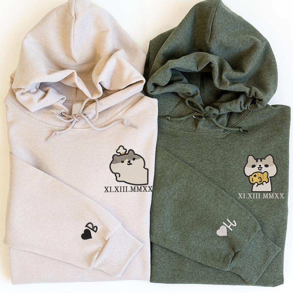 Cat Cute Custom Roman Numeral Matching Embroidered Hoodies For Couples