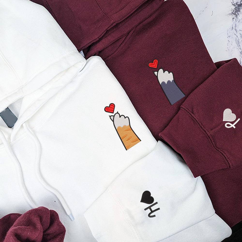 Cat Paw Heart Custom Embroidered Matching Hoodies For Couples - Couple Hoodies