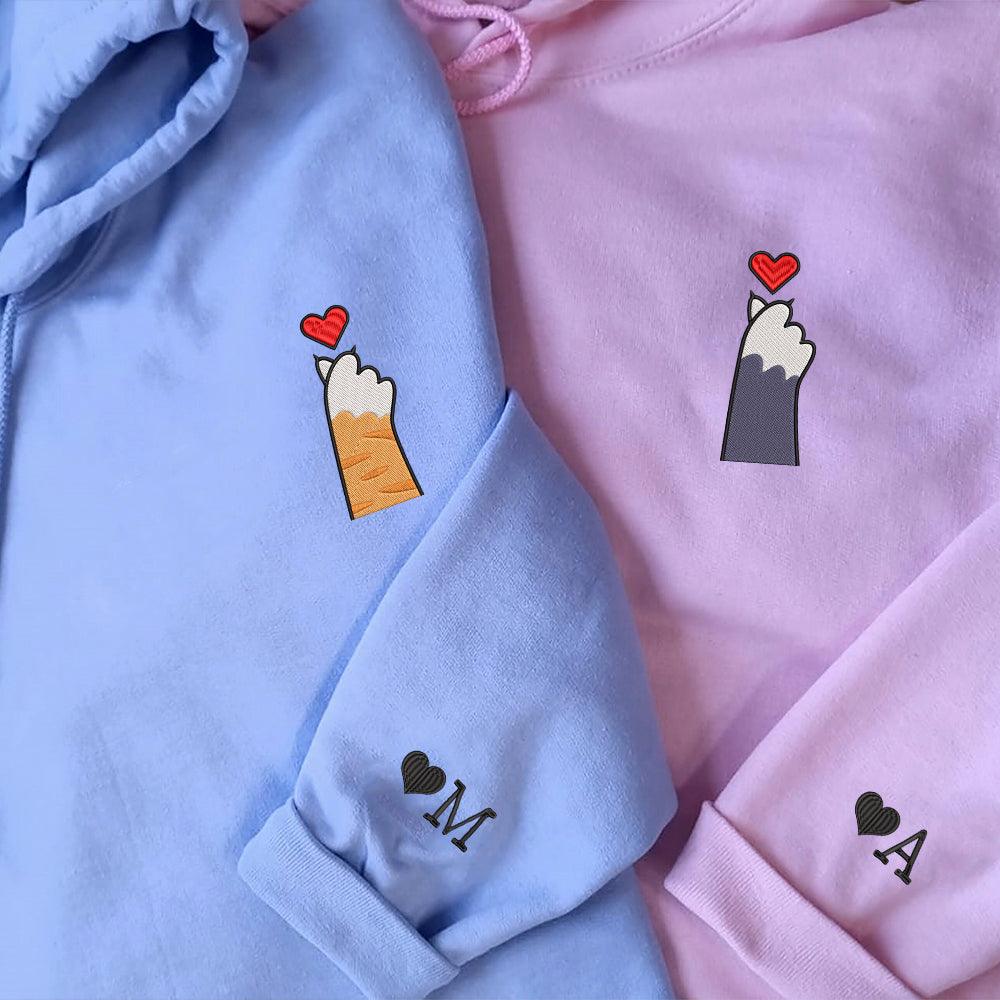 Cat Paw Heart Custom Embroidered Matching Hoodies For Couples - Couple Hoodies