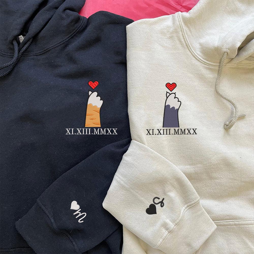 Cat Paw Heart Custom Roman Numeral Matching Embroidered Hoodies For Couples