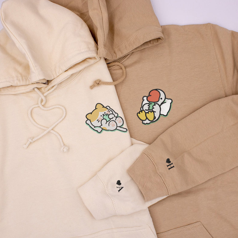 Cat x Cute Goose Custom Embroidered Matching Hoodies For Couples - Perfect for Cozy Couples Gifts