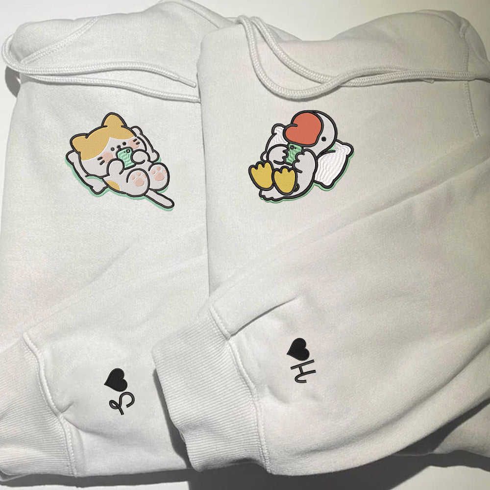 Cat x Cute Goose Custom Embroidered Matching Hoodies For Couples - Perfect for Cozy Couples Gifts