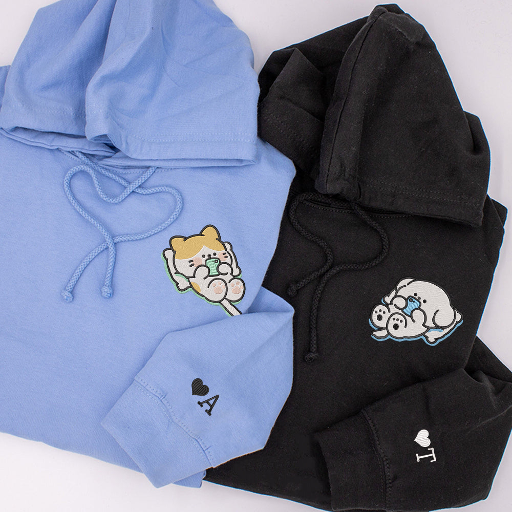 Cat x Dog Custom Embroidered Matching Hoodies For Couples - Perfect for Cozy Couples Gifts