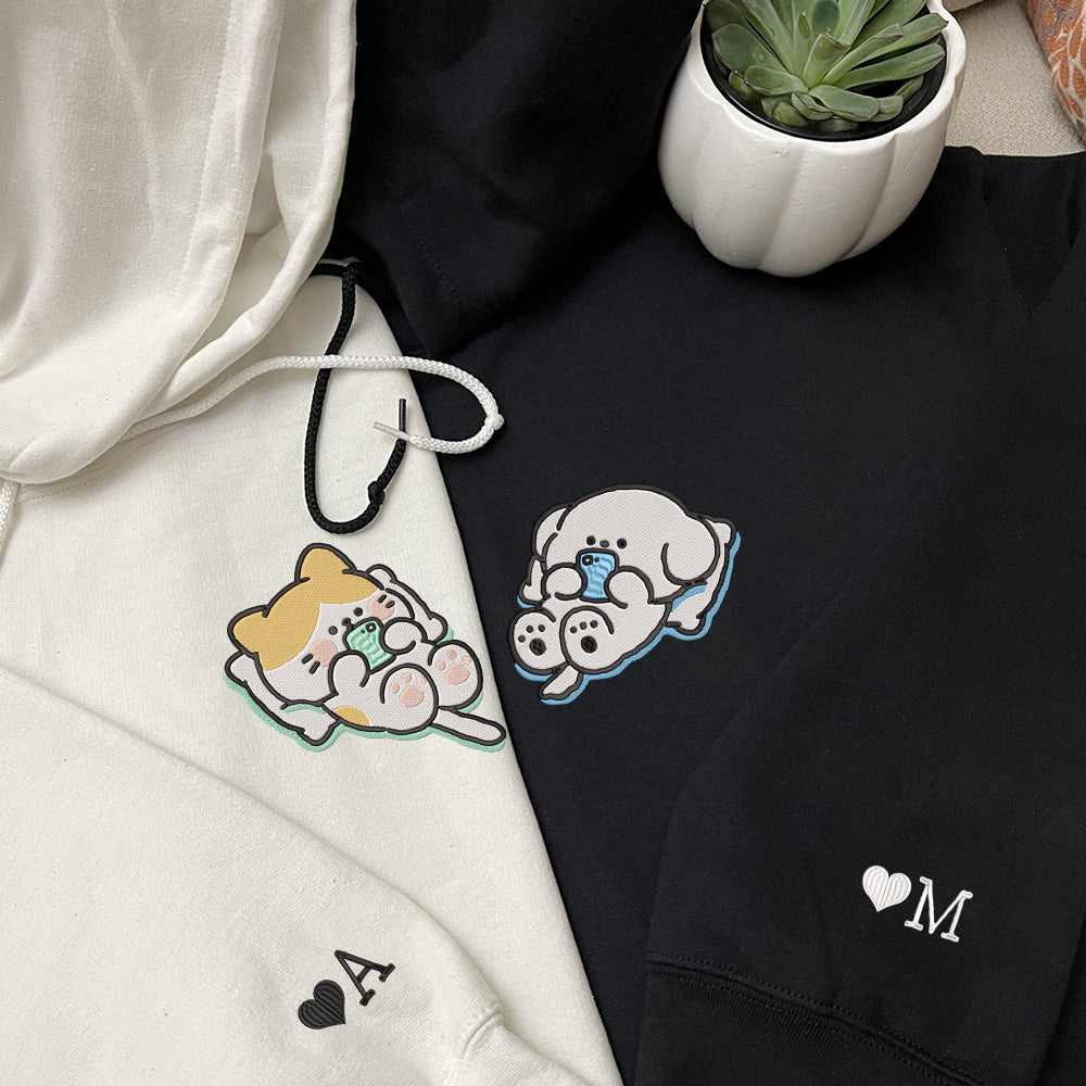 Cat x Dog Custom Embroidered Matching Hoodies For Couples - Perfect for Cozy Couples Gifts