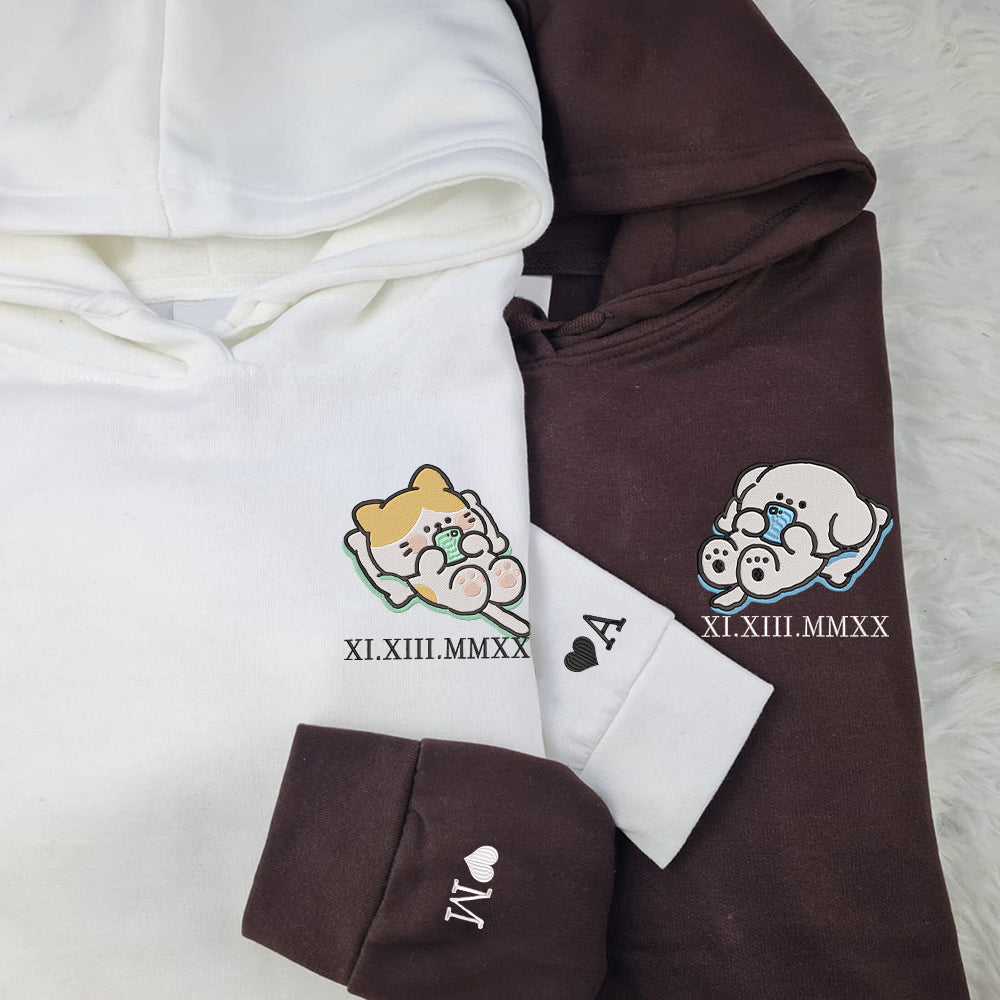 Cat x Dog Custom Roman Numeral Matching Embroidered Hoodies For Couples - Perfect for Cozy Couples Gifts