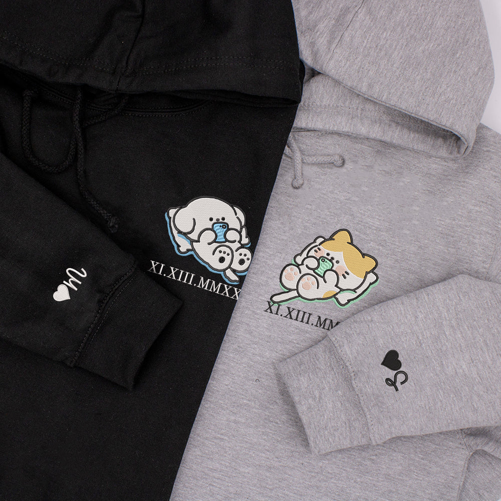 Cat x Dog Custom Roman Numeral Matching Embroidered Hoodies For Couples - Perfect for Cozy Couples Gifts