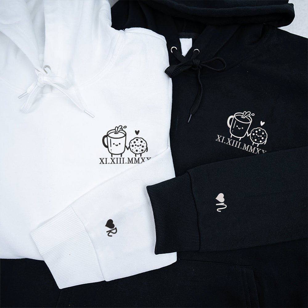 Cookie and Milk Cute Custom Roman Numeral Matching Embroidered Hoodies For Couples - Perfect for Cozy Couples Gifts