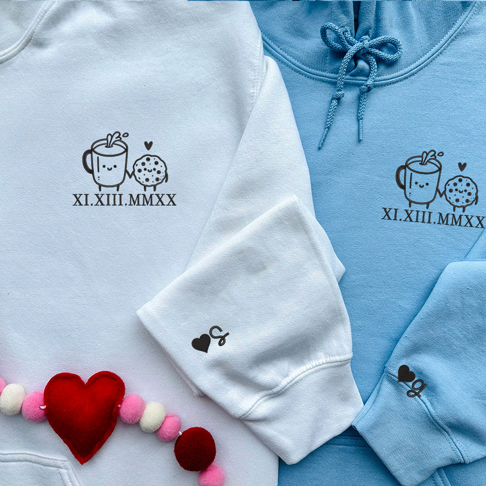 Cookie and Milk Cute Custom Roman Numeral Matching Embroidered Hoodies For Couples - Perfect for Cozy Couples Gifts