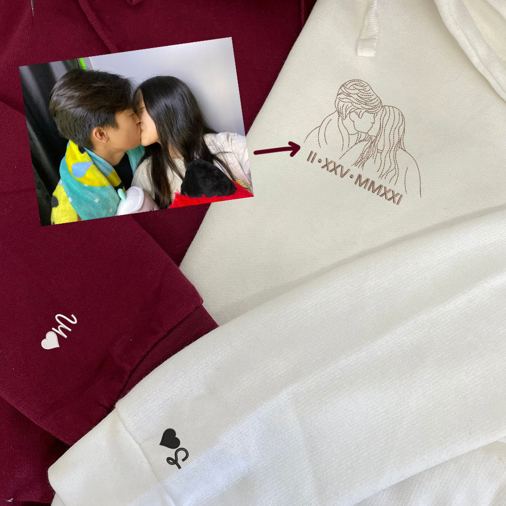Custom Embroidered Couple Art Drawing Gift, Portrait From Photo, Embroidered Sweatshirt, Valentine Personalized, First Anniversary Gift - Perfect for Cozy Couples Gifts