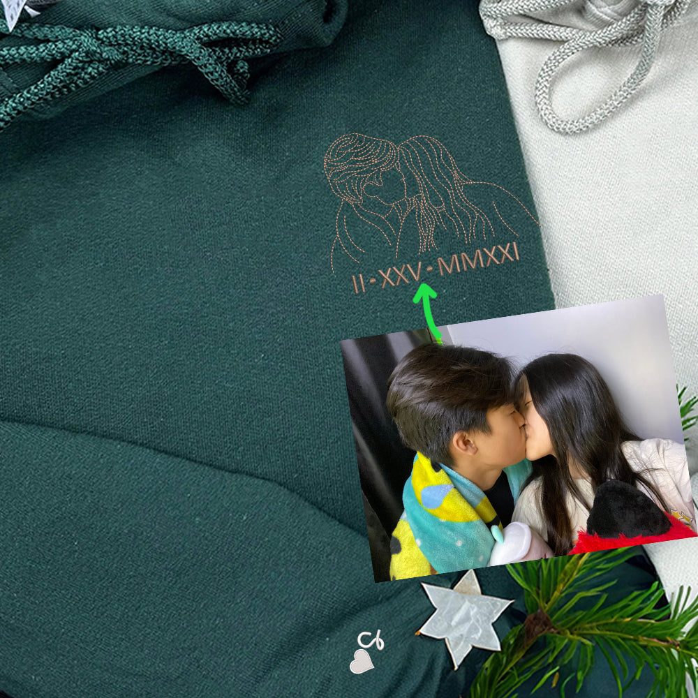 Custom Embroidered Couple Art Drawing Gift, Portrait From Photo, Embroidered Sweatshirt, Valentine Personalized, First Anniversary Gift - Perfect for Cozy Couples Gifts