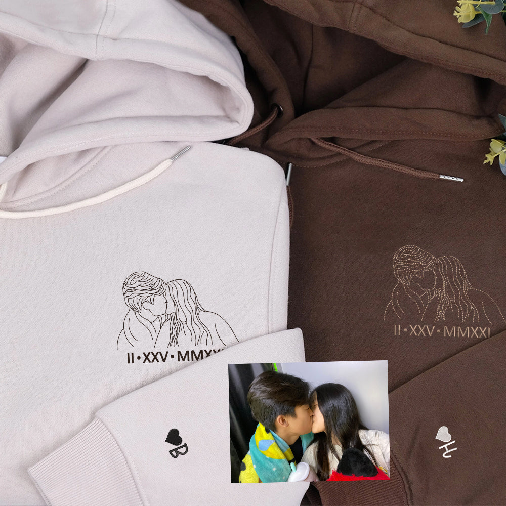 Custom Embroidered Couple Art Drawing Gift, Portrait From Photo, Embroidered Sweatshirt, Valentine Personalized, First Anniversary Gift - Perfect for Cozy Couples Gifts